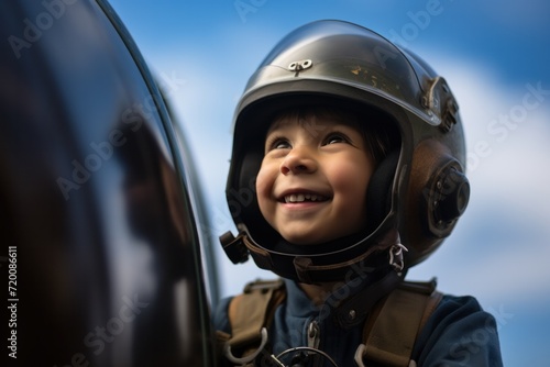 A happy and excited young pilot enjoying a summer day, wearing a helmet and dreaming of aviation adventures. © Iryna