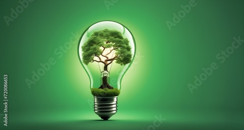 Light bulb with a tree inside it on a green background. The image is a symbol of growth and ecological problems.