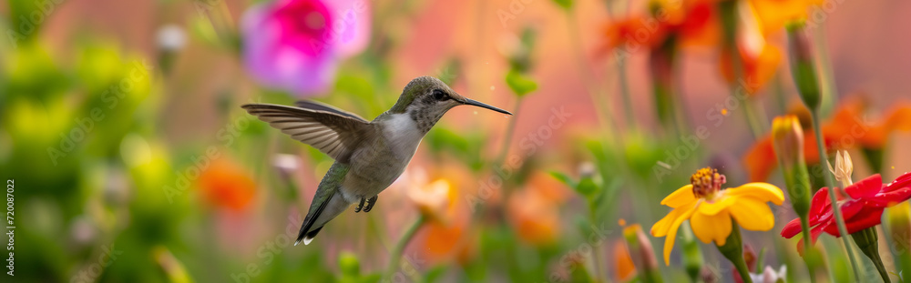 Obraz premium bird of paradise flowers. Hummingbird in flight. rare hummingbird birds flying beautiful colorful flowers in jungle. Action feeding scene in green tropical forest, in nature habitat. 
