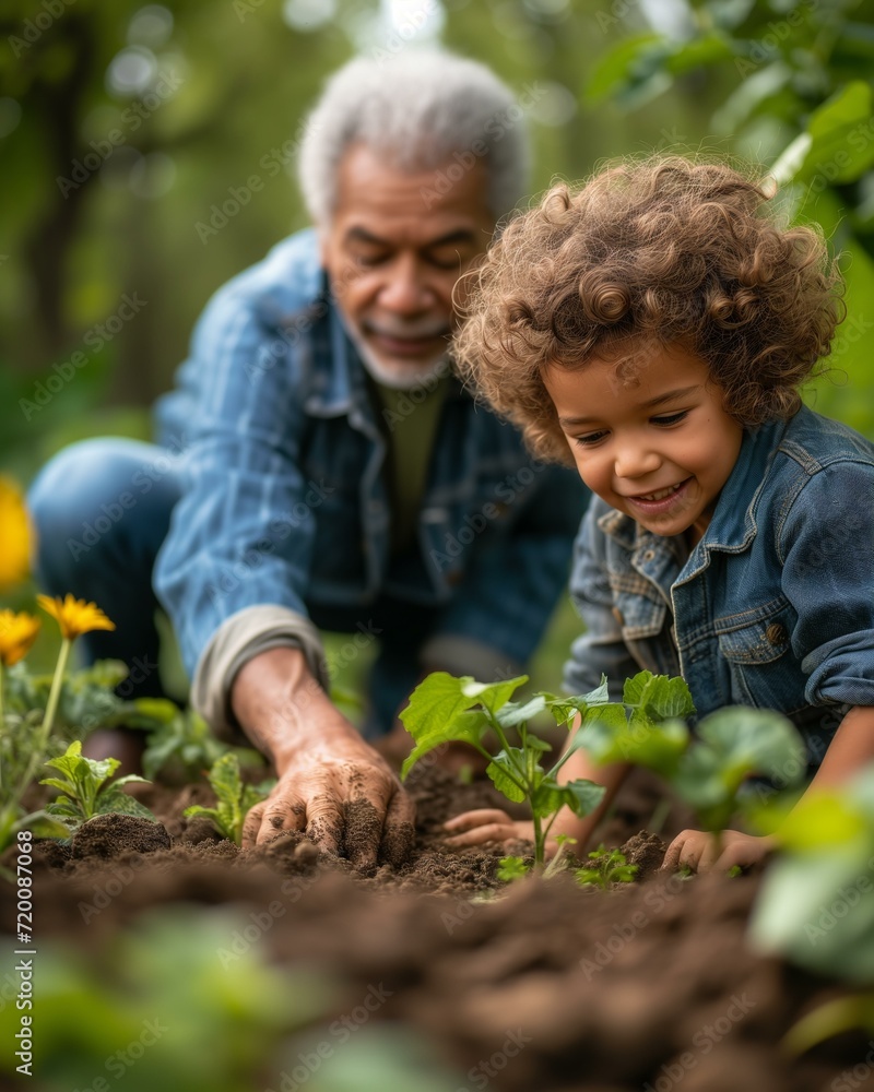 Fototapeta premium Grandfather and grandchild joyfully planting in the garden together. 