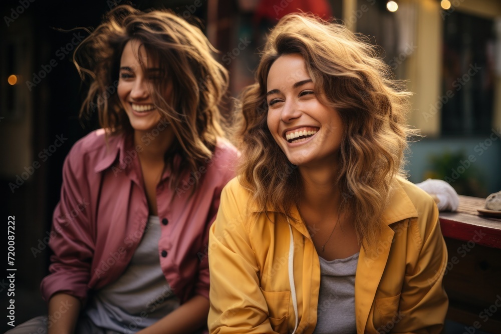 Fototapeta premium Playful and pretty friends, two young women, laugh and enjoy a happy meeting in the city.
