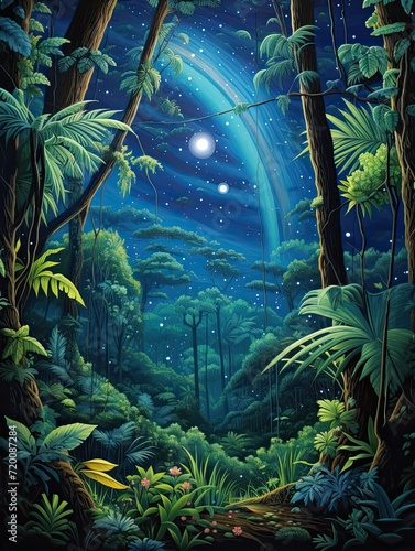 Celestial Rainforest: Abstract Constellations Unveiling Stars Over Jungle