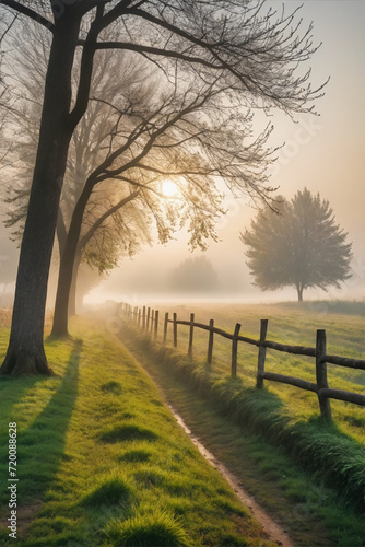 Scenic calm foggy morning in the countryside with weak sunlight