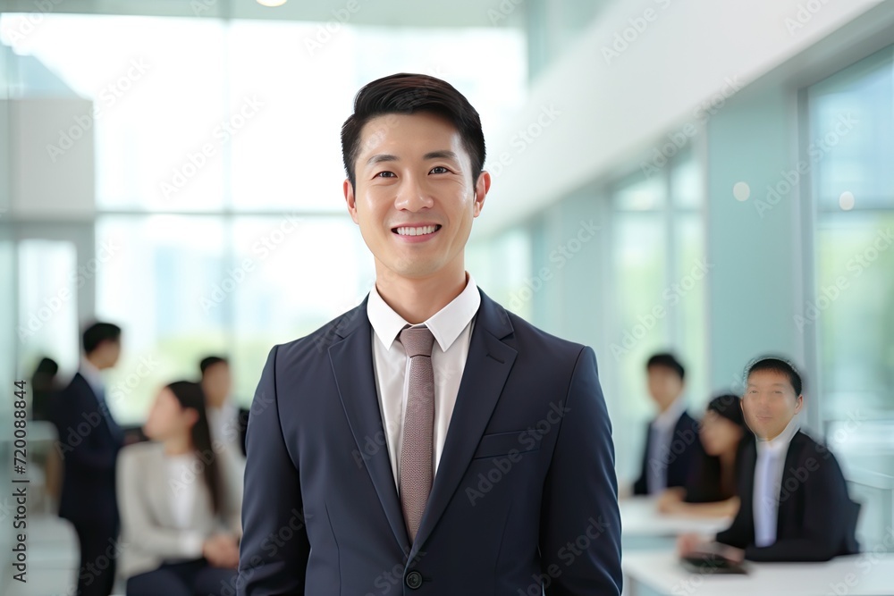 Smiling confident mature businessman leader looking at camera standing in office at team meeting. Generative AI Smiling confident mature businessman leader looking at camera standing in office at team meeting. Generative AI