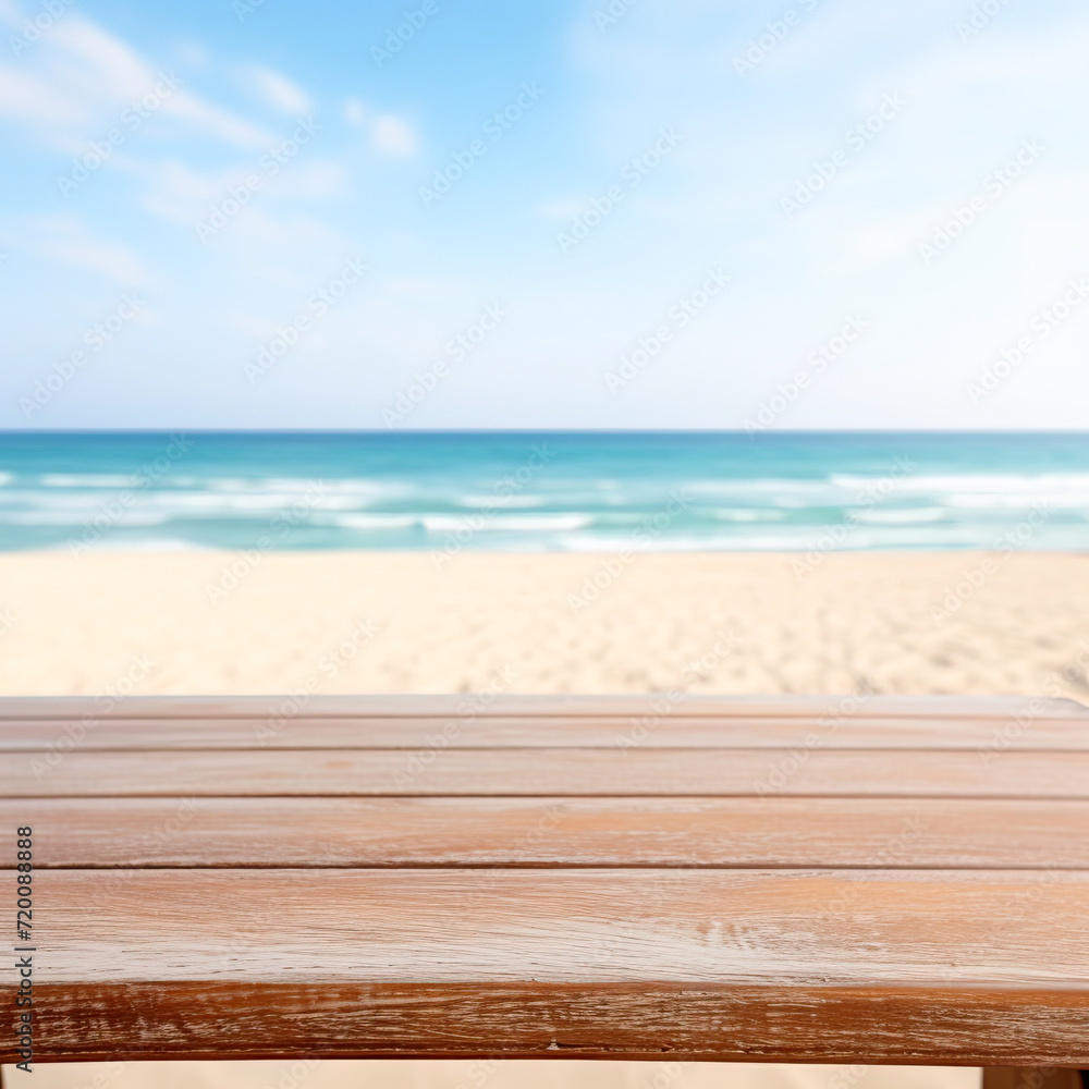 Wooden table over blur tropical beach background, product display montage. High quality photo.Generative AI Wooden table over blur tropical beach background, product display montage. High quality photo.Generative AI