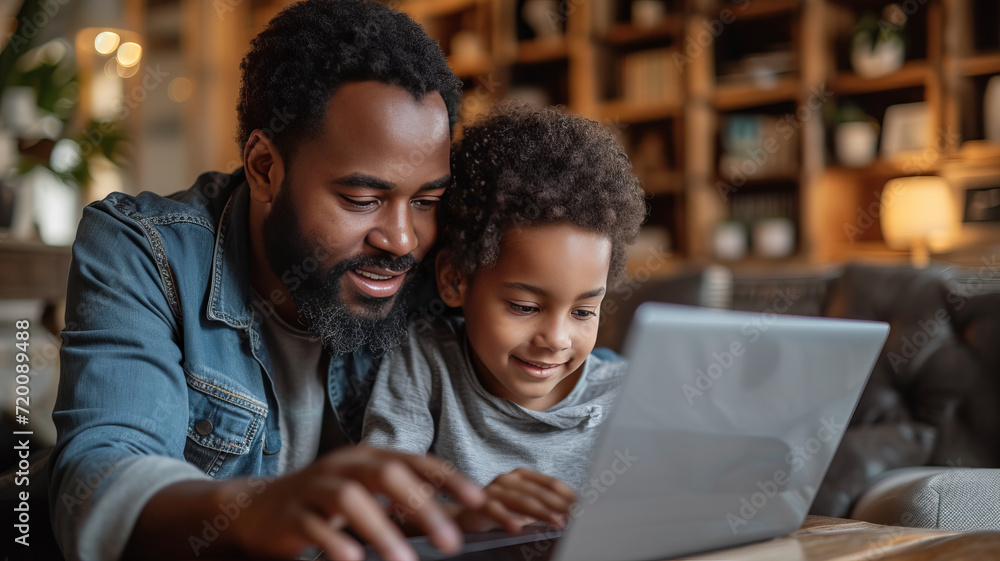 Father and son doing homework with laptop at home. generative ai Father and son doing homework with laptop at home. generative ai