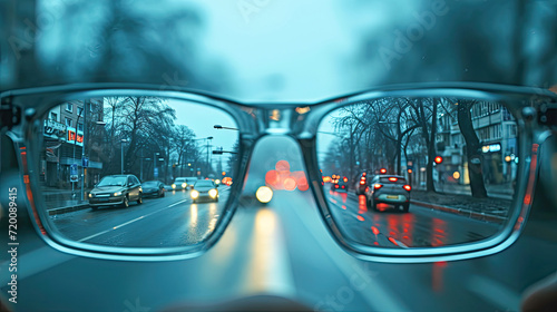 Night cityscape focused in glasses lenses.Generative AI