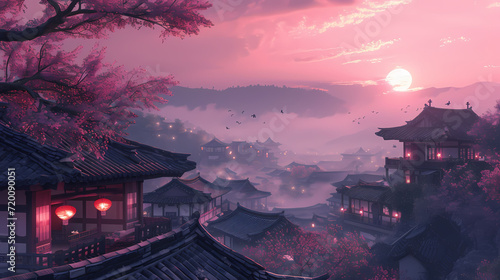 old cloudy japanese village with red lantern lunar new year pink valentine days sky with a lot of cloud photo