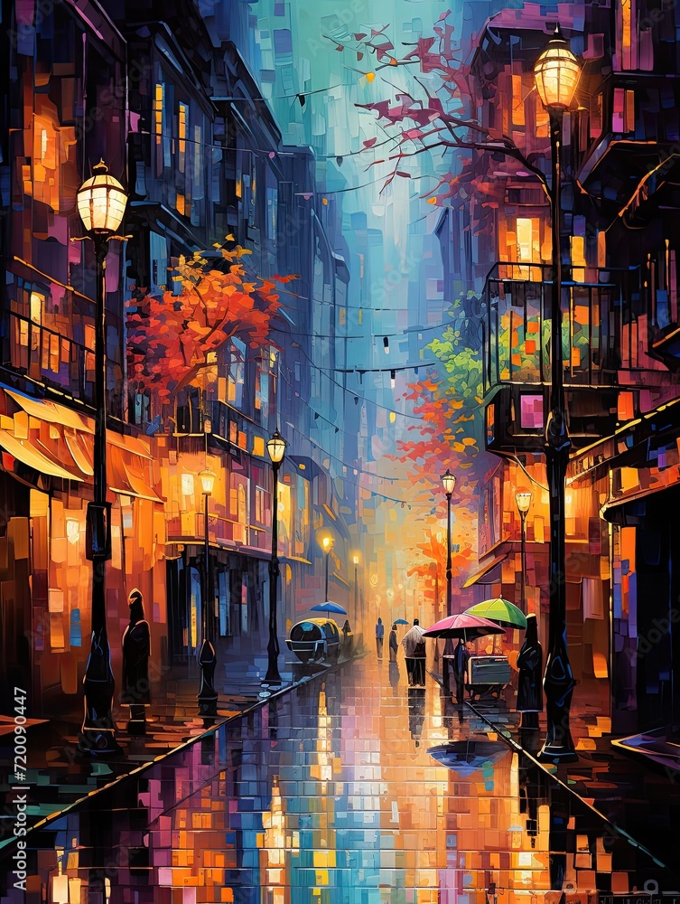 Vibrant Rainy City Scenes: Exploring Colorful Streets Amidst Atmospheric Delights