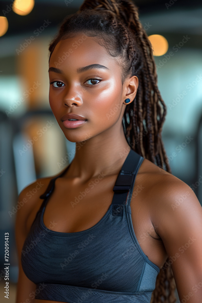 Portrait of a young black woman using a sport smart watch exercising in a gym, generative ai Portrait of a young black woman using a sport smart watch exercising in a gym, generative ai