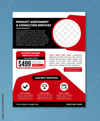 product assessment business flyer template design or a4 brochure design with red and black on element colors in white background. marketing page with photo space, business proposal, promotion flyer.