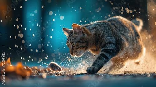 A cat chasing a mice, dynamic action, jumping, splashes of dust, nature photography, raking light, blue lights in the background photo