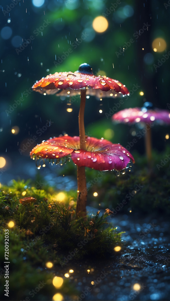 Fototapeta premium A Rainy Summer Night's Macro Photography with Colorful Details and Soft Bokeh Lighting.