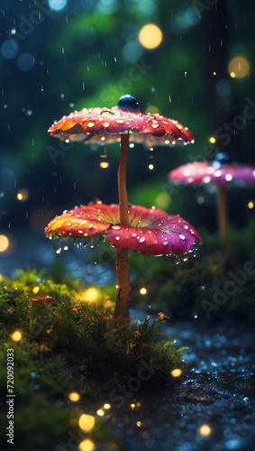 A Rainy Summer Night's Macro Photography with Colorful Details and Soft Bokeh Lighting.