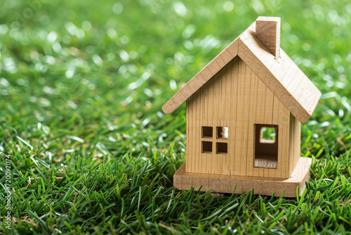 Small wooden house mockup on green grass, new home purchase and empty space for text