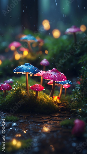 A Rainy Summer Night's Macro Photography with Colorful Details and Soft Bokeh Lighting.