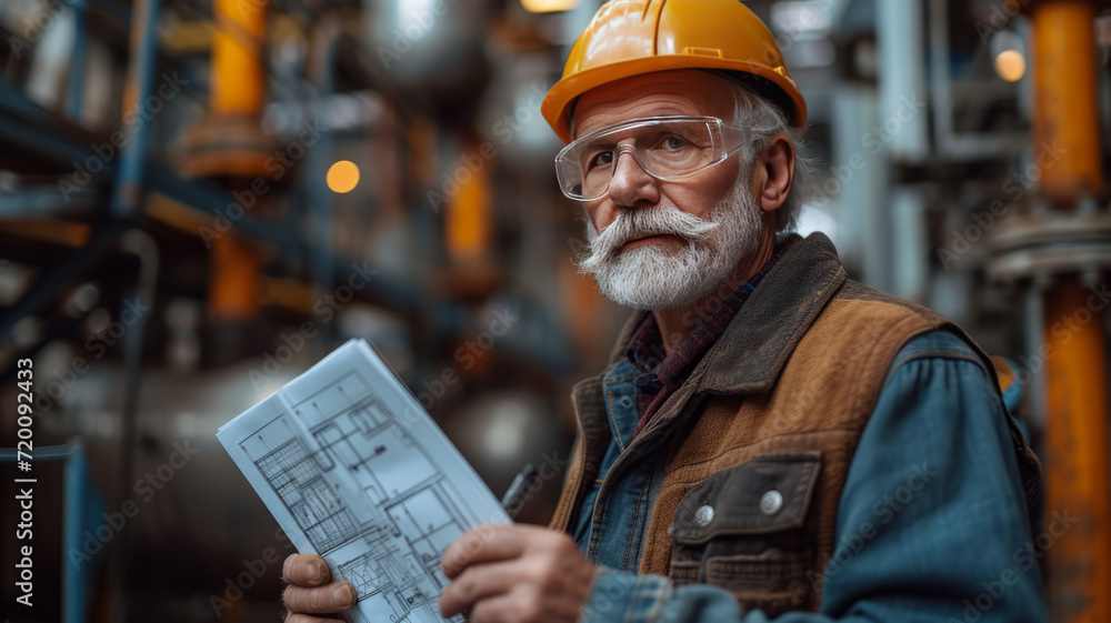 senior businessman architect wearing a protective helmet writing in a notebook and holding a blueprint on the construction site. generative ai