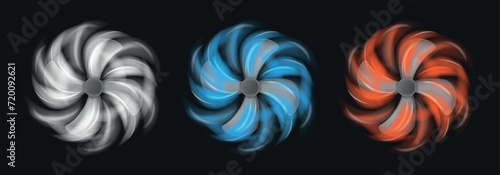 Set of fans with normal, cold and hot air flow. Spiral light effects of air flow from a fan. Vector illustration