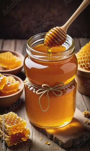 a charming scene featuring a jar of honey adorned with a honeycomb. The golden honey glistens inside the jar, and the honeycomb adds a touch of rustic elegance