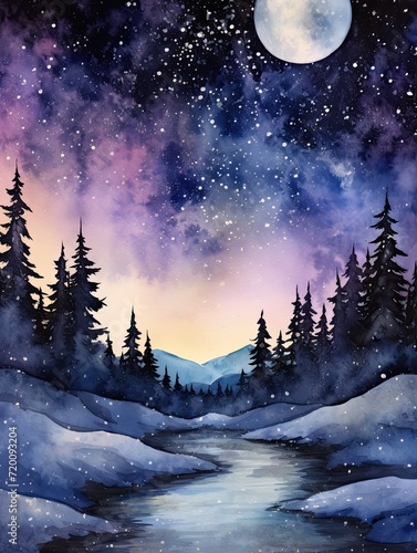 Cosmic Galaxy: Captivating Watercolor Landscape with Space Elements © Michael