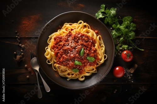 Italian cuisine - Tagliatelle served on a plate. Overhead view.
