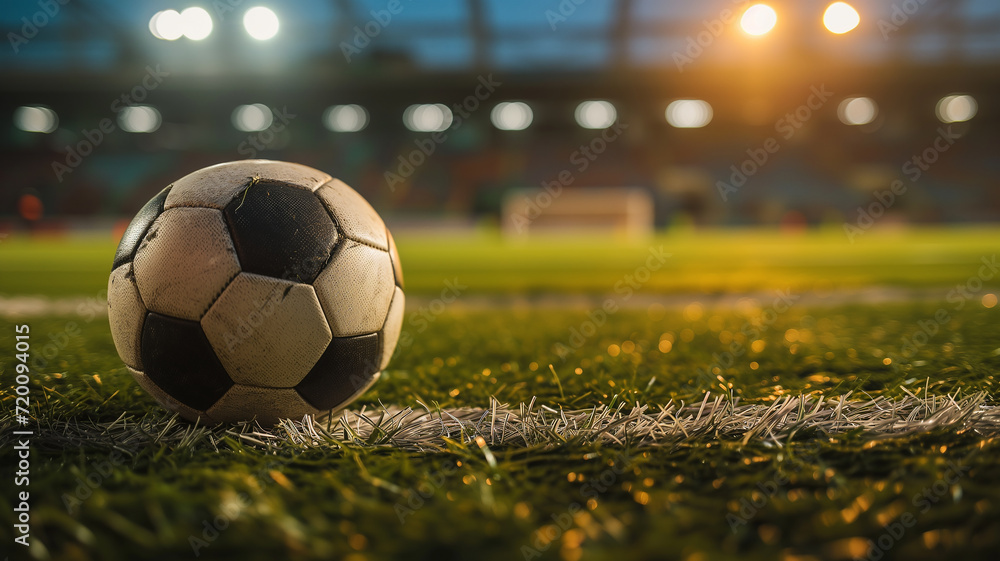 Fototapeta premium Full night football arena in lights, soccer ball in the stadium, close-up. Football match, football championship, sports. Photorealistic, background with bokeh effect. 