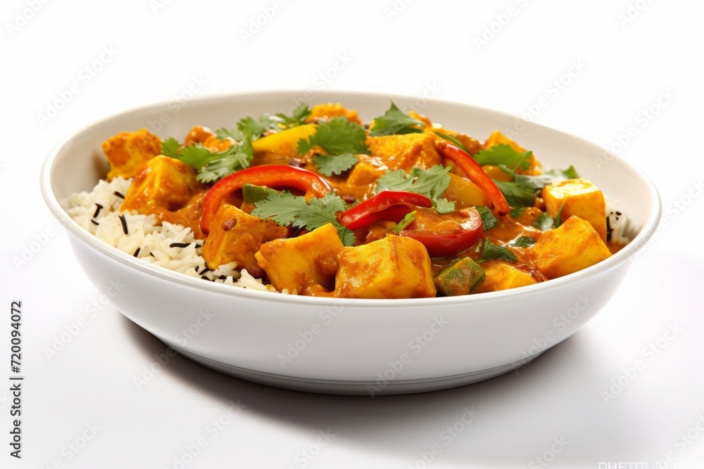 Delicious Homemade Chicken Curry with Rice in White Bowl