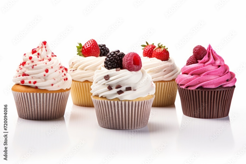 Assorted Gourmet Cupcakes with Fresh Berries Isolated on White Assorted Gourmet Cupcakes with Fresh Berries Isolated on White