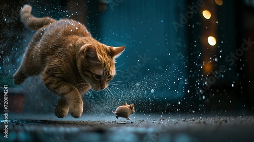 A cat chasing a mice, dynamic action, jumping, splashes of dust, nature photography, raking light, blue lights in the background photo