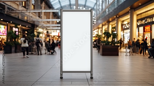 White billboard inside of the huge shopping center, providing advertising on the LED panel, marketing concept photo