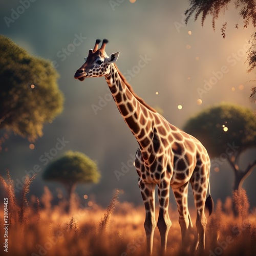 A 3D Rendering Giraffe in Savana with photography style 2