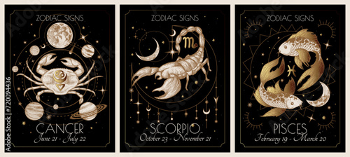 Vector illustration of zodiac signs card. Water signs: Cancer, Scorpio and Pisces. Gold on a black background in engraving style	