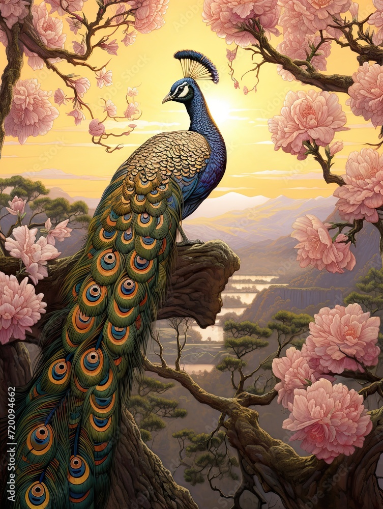 Naklejka premium Golden Hour Beauty: Twilight Landscape Illustrating Shimmering Peacock's Elegant Tail