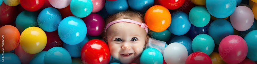 Top view to baby infant with colorful plastic balls around, playful image Top view to baby infant with colorful plastic balls around, playful image