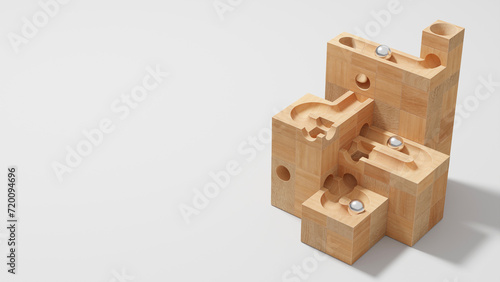 Wallpaper of wooden marble run toy with copy space. Rolling ball sculpture on plain empty background. 3d rendering