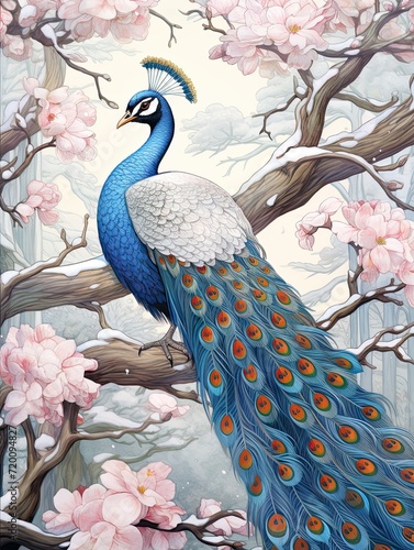 Elegant Peacock Illustrations: Winter Wonderland with Snow-Capped Backdrop and Contrasting Bird