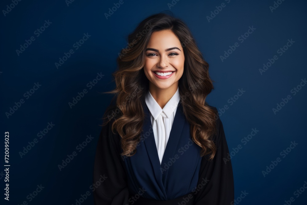 Professional Young Woman with Confident Smile on Blue Background Professional Young Woman with Confident Smile on Blue Background