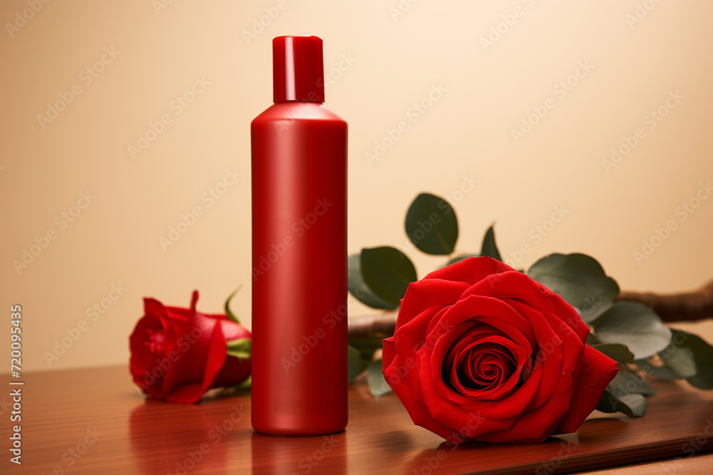 A cosmetic bottle product for skin care mockup. Natural ingredients, red rose. natural cosmetics. AI A cosmetic bottle product for skin care mockup. Natural ingredients, red rose. natural cosmetics. AI