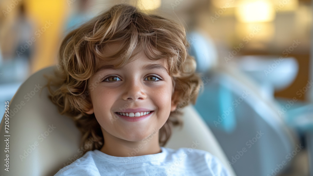 A smiling kid sitting in a dental chair at the dentist, teeth cleaning and examination concept,generative ai A smiling kid sitting in a dental chair at the dentist, teeth cleaning and examination concept,generative ai