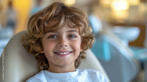 A smiling kid sitting in a dental chair at the dentist, teeth cleaning and examination concept,generative ai