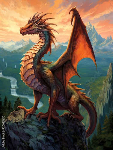 Fantasy Dragon Illustrations: Dragon's Haven - A Majestic National Park Art Print, Showcasing Dragons Amidst Scenic Vistas