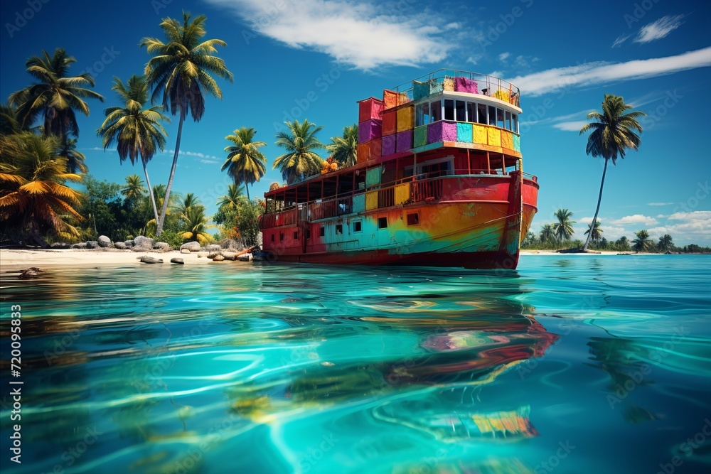 A container ship sails across the ocean, with a tropical island in the background