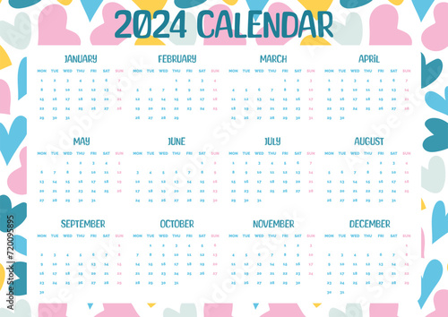 Calendar for 2024 with hearts on a white background. Vector illustration.