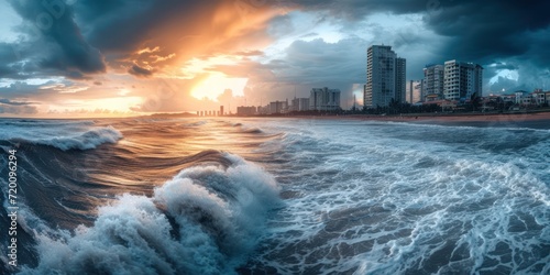 tsunami hit the seaside city thunderstorms passing through some cityside at sunset photo