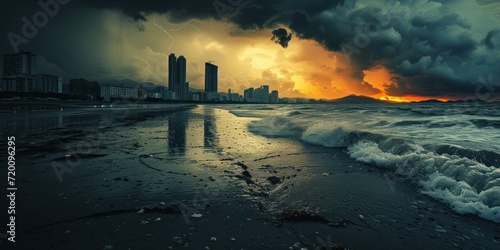 tsunami hit the seaside city thunderstorms passing through some cityside at sunset photo