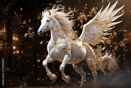 Majestic White Pegasus with Golden Leaves