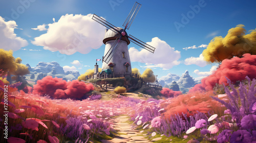 a windmill stands in the middle of a pink garden, in the style of zbrush, anime art, i can't believe how beautiful this is, multi-layered narrative scenes, detailed skies, cartoon mis-en-scene, hyper-