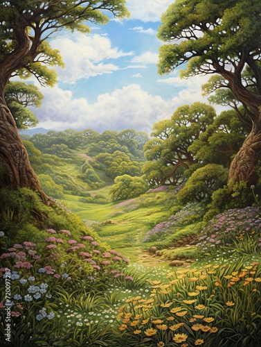 Grecian Mythology Art: Meadow Painting of Pan's Realm Adorned with Rolling Hills photo