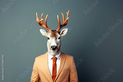 animal deer concept Anthromophic friendly rabbit wearing suite formal business suit pretending to work in coporate workplace studio shot on plain color wall © VERTEX SPACE