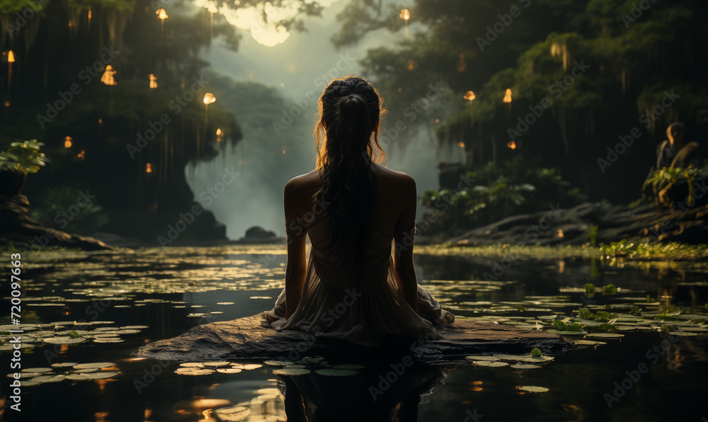 In the center of the picture is a man in a meditation pose. His figure radiates inner calm, and the contours of his body are framed by soft light. This image symbolizes the need for inner harmony and 